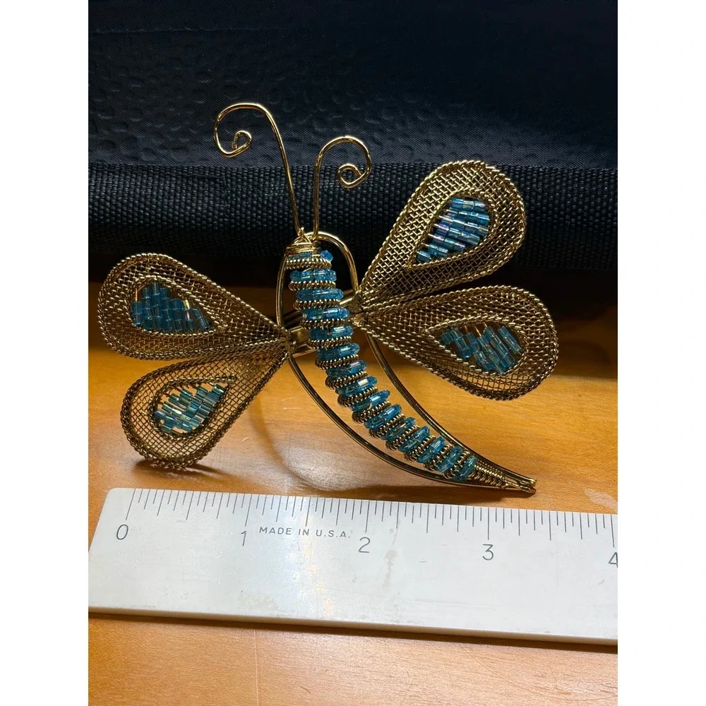 Set of 8 Gold Wire Dragonfly Napkin Rings Blue Beaded Mesh Wings Table Decor